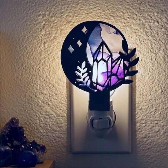 Bone and Bloom Other - Magical Crystal Moon Night Light Plug In Handcrafted Wood Galaxy Amethyst Glow